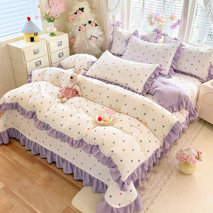 91家纺网 家纺一手货源 找家纺 唐人居 2026春夏新款皱皱水洗棉花边床盖四件套 彩色波点