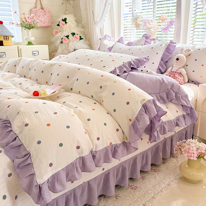 91家纺网 家纺一手货源 找家纺 唐人居 2026春夏新款皱皱水洗棉花边床盖四件套 彩色波点