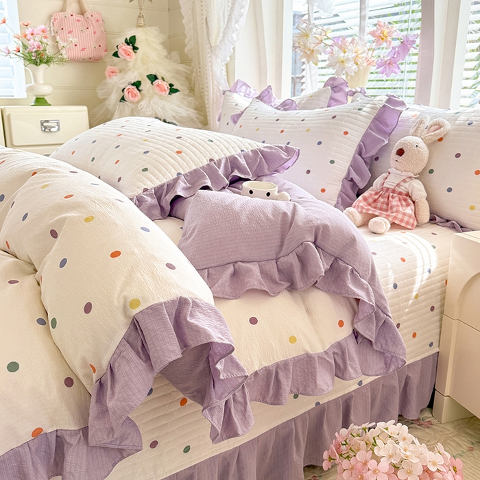 91家纺网 家纺一手货源 找家纺 唐人居 2026春夏新款皱皱水洗棉花边床盖四件套 彩色波点