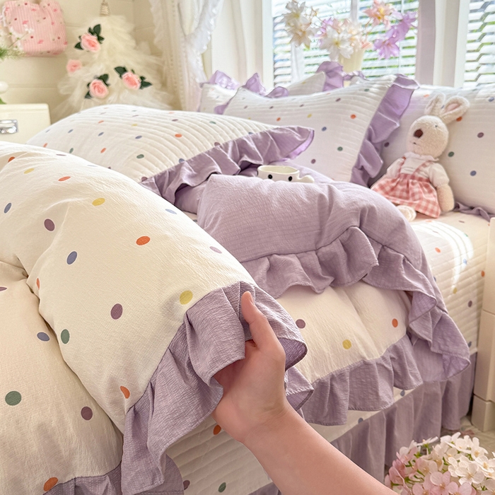 91家纺网 家纺一手货源 找家纺 唐人居 2026春夏新款皱皱水洗棉花边床盖四件套 彩色波点