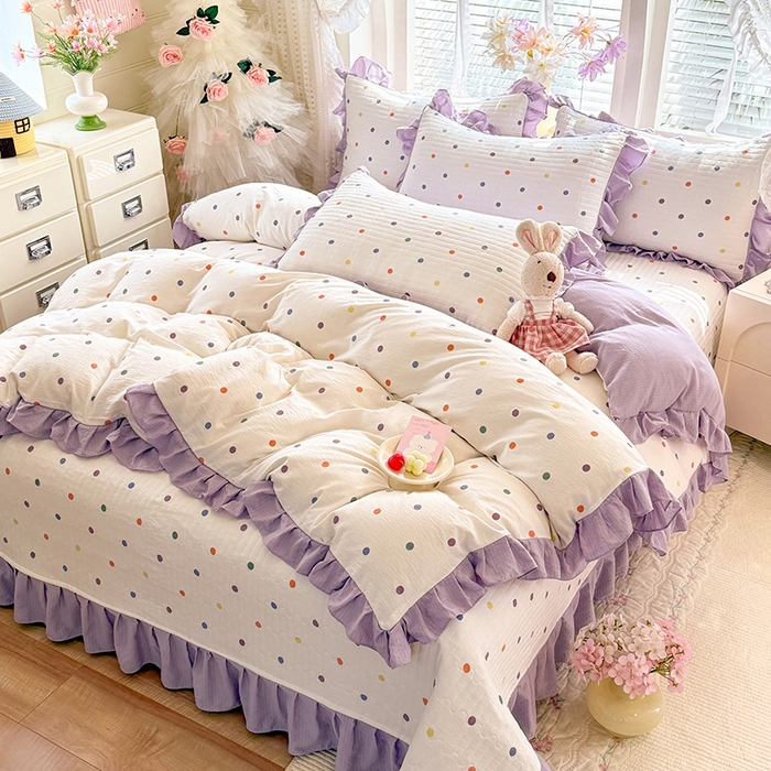 91家纺网 家纺一手货源 找家纺 唐人居 2026春夏新款皱皱水洗棉花边床盖四件套 彩色波点