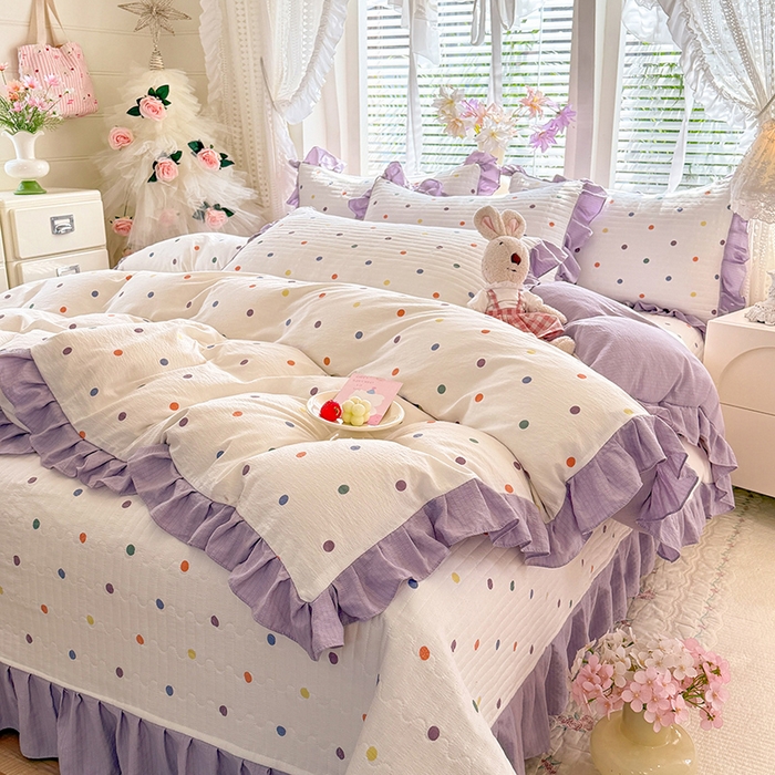 91家纺网 家纺一手货源 找家纺 唐人居 2026春夏新款皱皱水洗棉花边床盖四件套 彩色波点