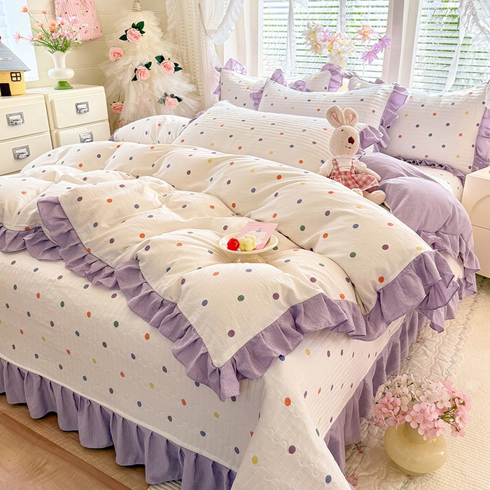 91家纺网 家纺一手货源 找家纺 唐人居 2026春夏新款皱皱水洗棉花边床盖四件套 彩色波点