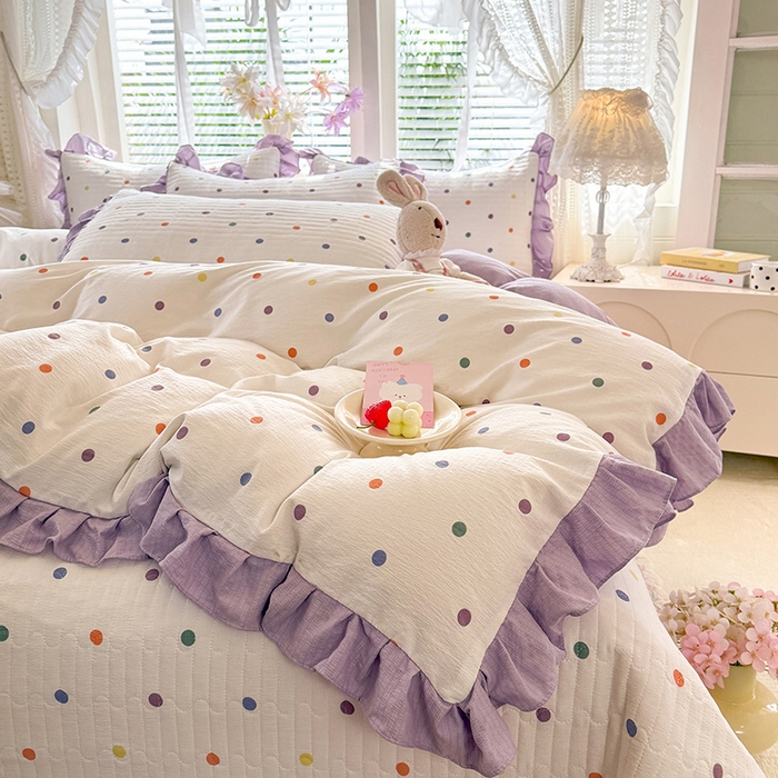 91家纺网 家纺一手货源 找家纺 唐人居 2026春夏新款皱皱水洗棉花边床盖四件套 彩色波点