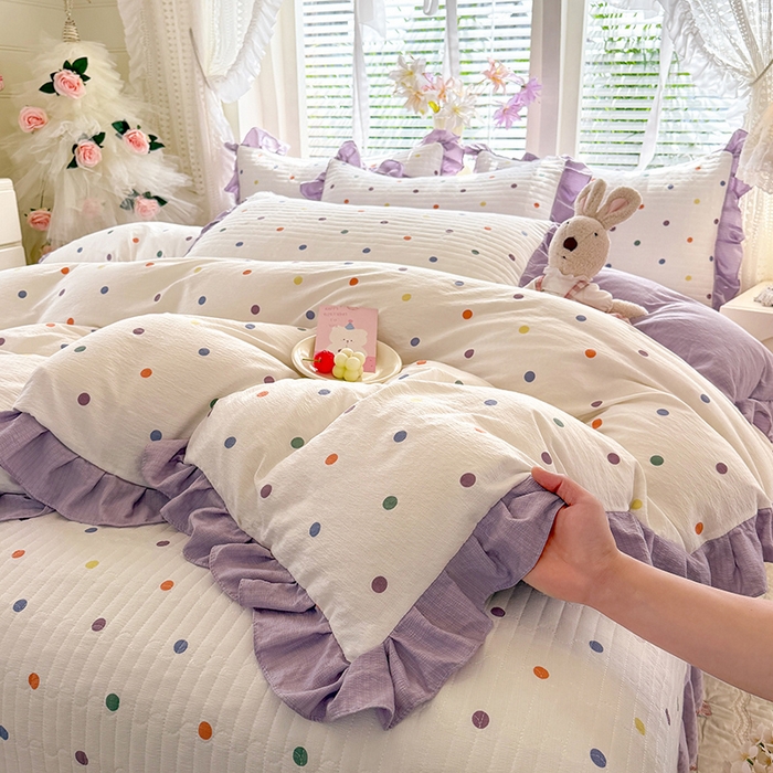 91家纺网 家纺一手货源 找家纺 唐人居 2026春夏新款皱皱水洗棉花边床盖四件套 彩色波点