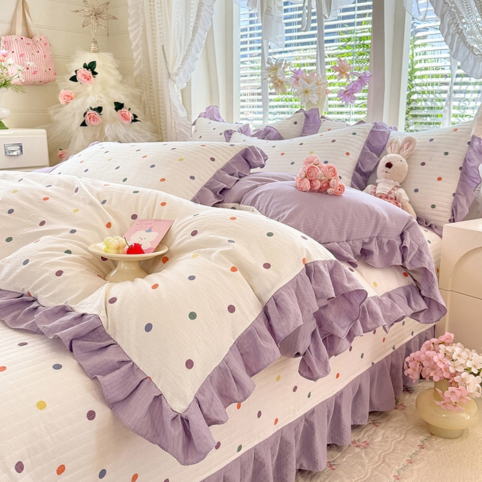 91家纺网 家纺一手货源 找家纺 唐人居 2026春夏新款皱皱水洗棉花边床盖四件套 彩色波点