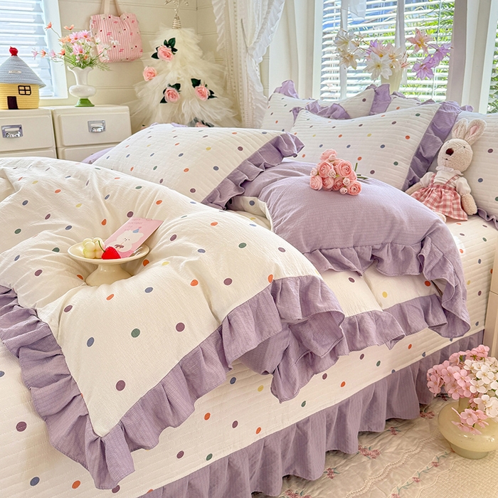 91家纺网 家纺一手货源 找家纺 唐人居 2026春夏新款皱皱水洗棉花边床盖四件套 彩色波点