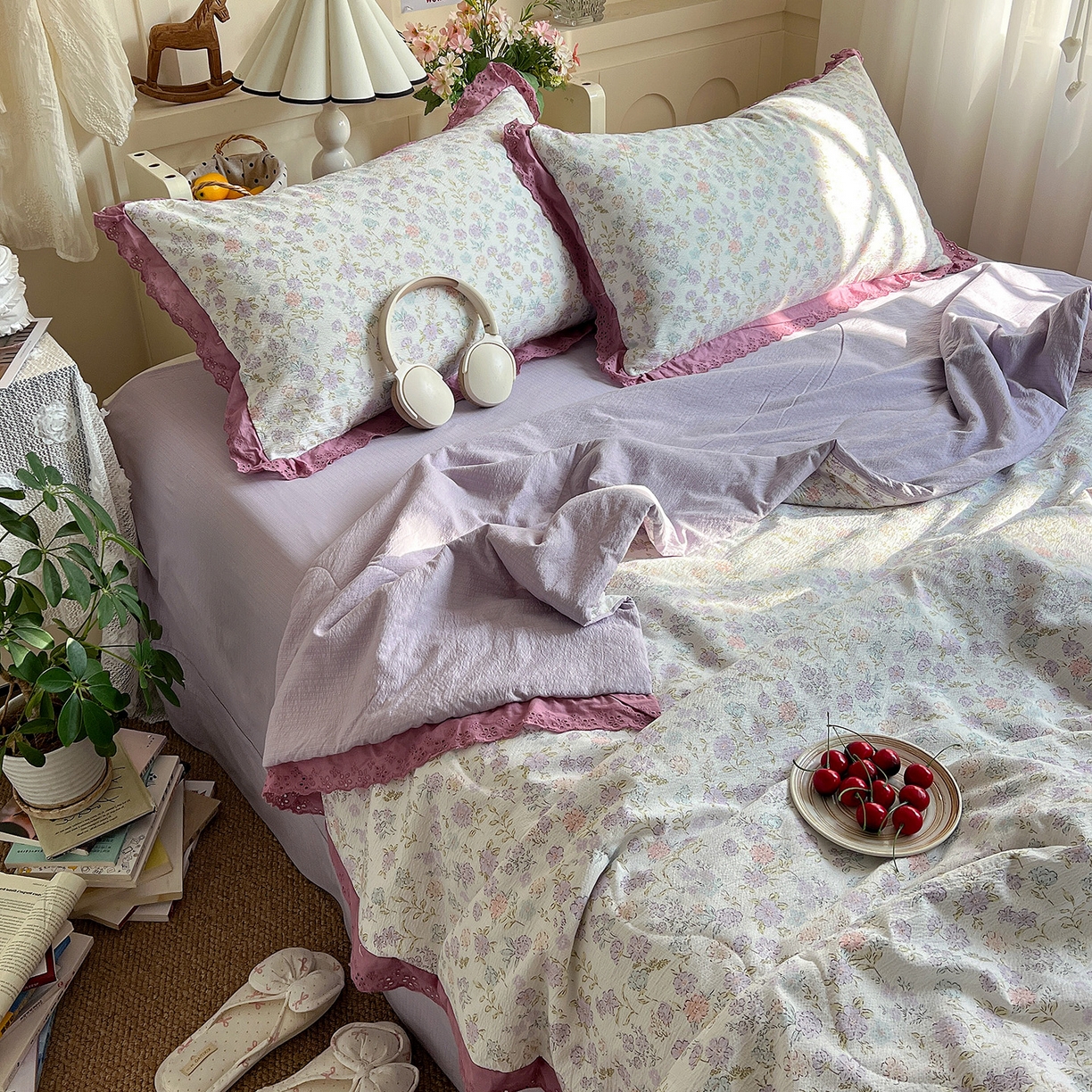 91家纺网 家纺一手货源 找家纺 一比一家纺 2026新款彩色花边木棉皱皱纱夏被四件套 花漫漫