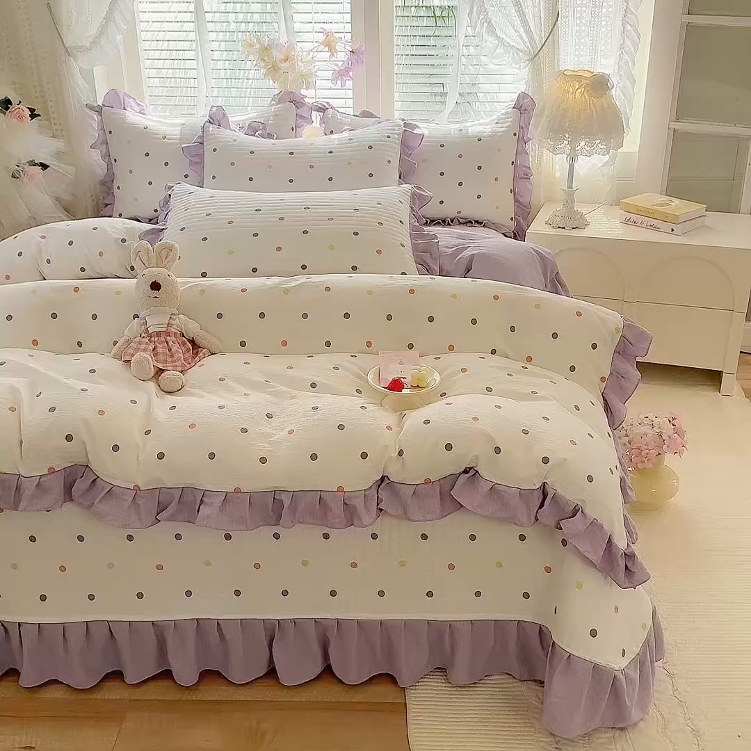 91家纺网 家纺一手货源 找家纺 唐人居 2026春夏新款皱皱水洗棉花边床盖四件套 彩色波点