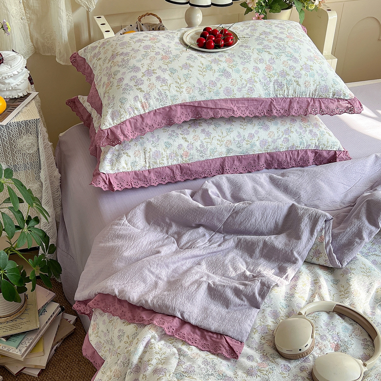 91家纺网 家纺一手货源 找家纺 一比一家纺 2026新款彩色花边木棉皱皱纱夏被四件套 花漫漫