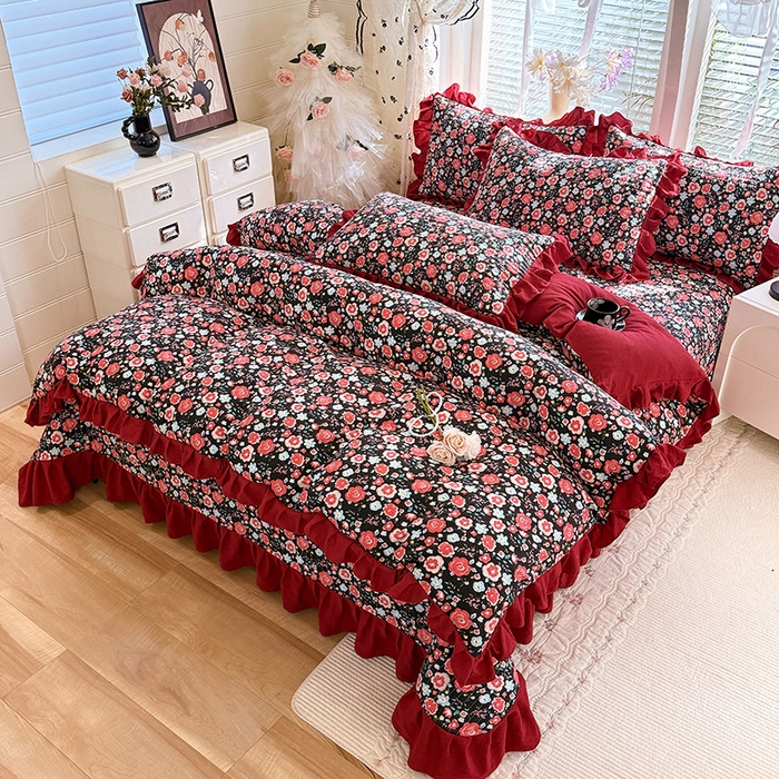 91家纺网 家纺一手货源 找家纺 唐人居 2026春夏新款皱皱水洗棉花边床盖四件套 初见