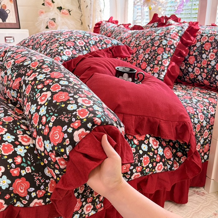 91家纺网 家纺一手货源 找家纺 唐人居 2026春夏新款皱皱水洗棉花边床盖四件套 初见