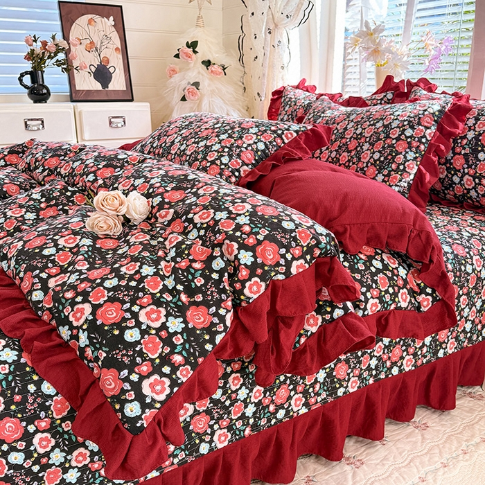 91家纺网 家纺一手货源 找家纺 唐人居 2026春夏新款皱皱水洗棉花边床盖四件套 初见