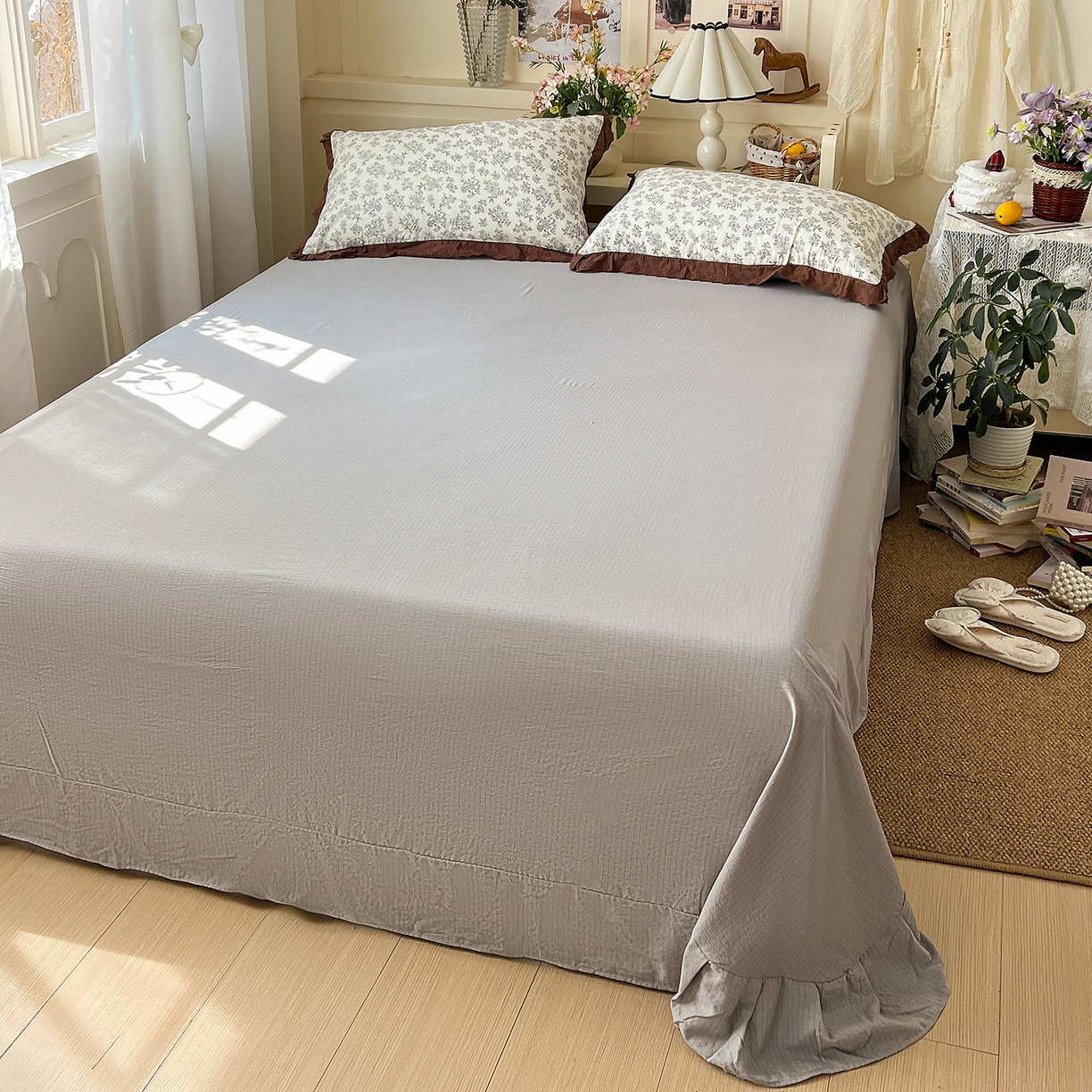 91家纺网 家纺一手货源 找家纺 一比一家纺 2026新款彩色花边木棉皱皱纱夏被四件套 阑珊