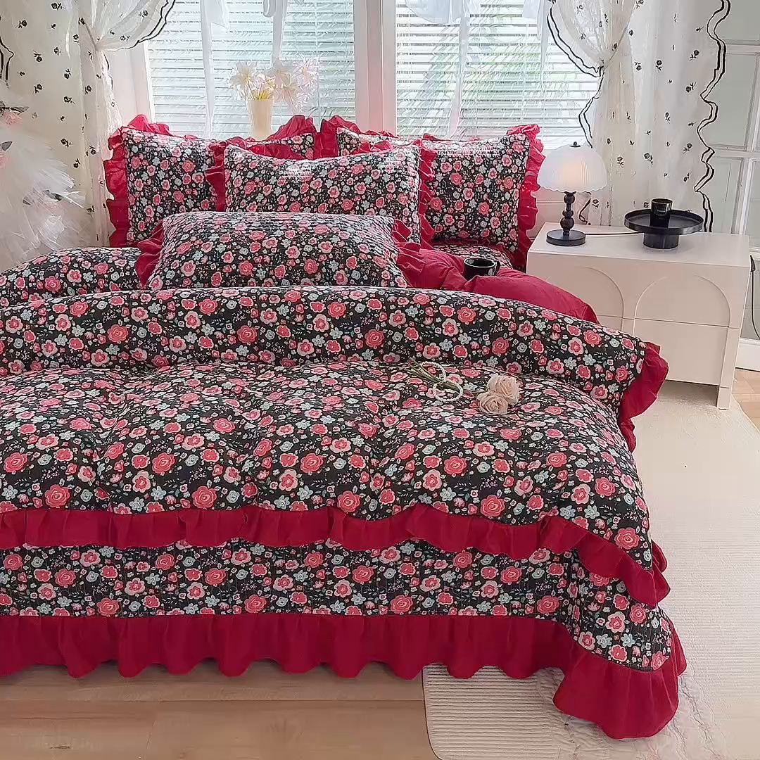 91家纺网 家纺一手货源 找家纺 唐人居 2026春夏新款皱皱水洗棉花边床盖四件套 初见