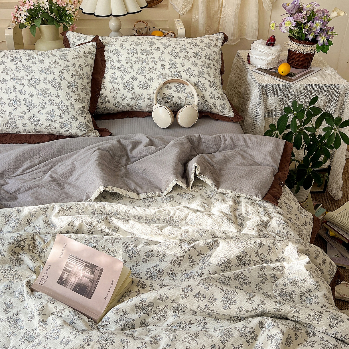 91家纺网 家纺一手货源 找家纺 一比一家纺 2026新款彩色花边木棉皱皱纱夏被四件套 阑珊