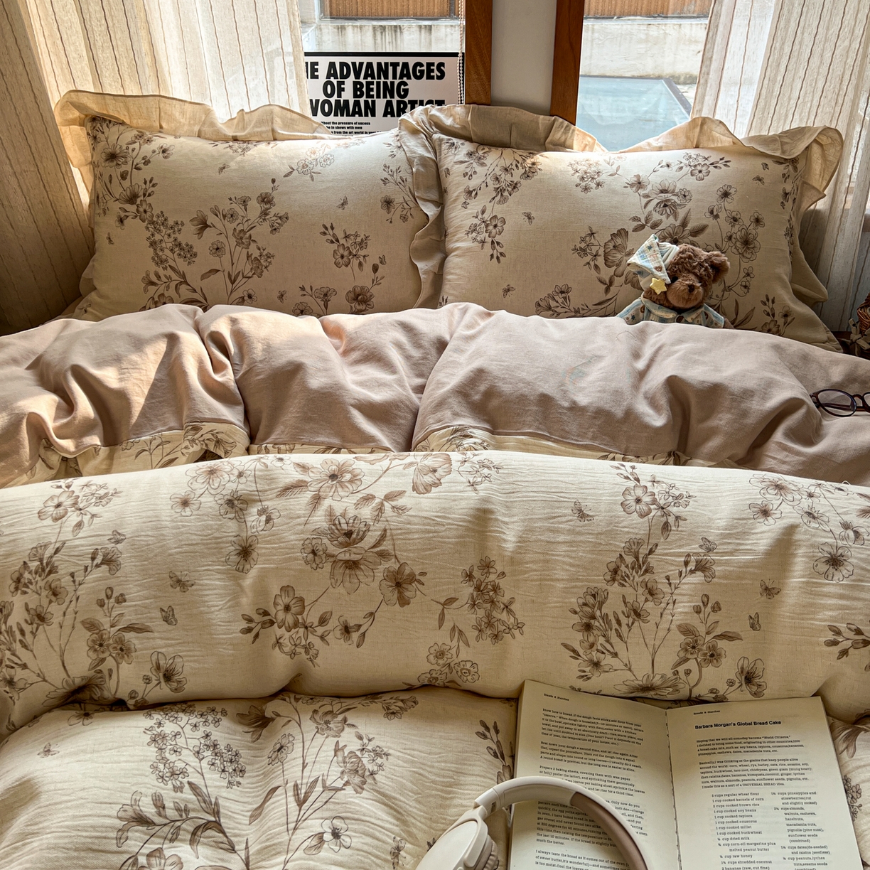 91家纺网 家纺一手货源 找家纺 耀悦家纺 2026新款真棉麻四件套轻奢法式大花边工艺款圆角荷叶边吊边床单 水墨牡丹