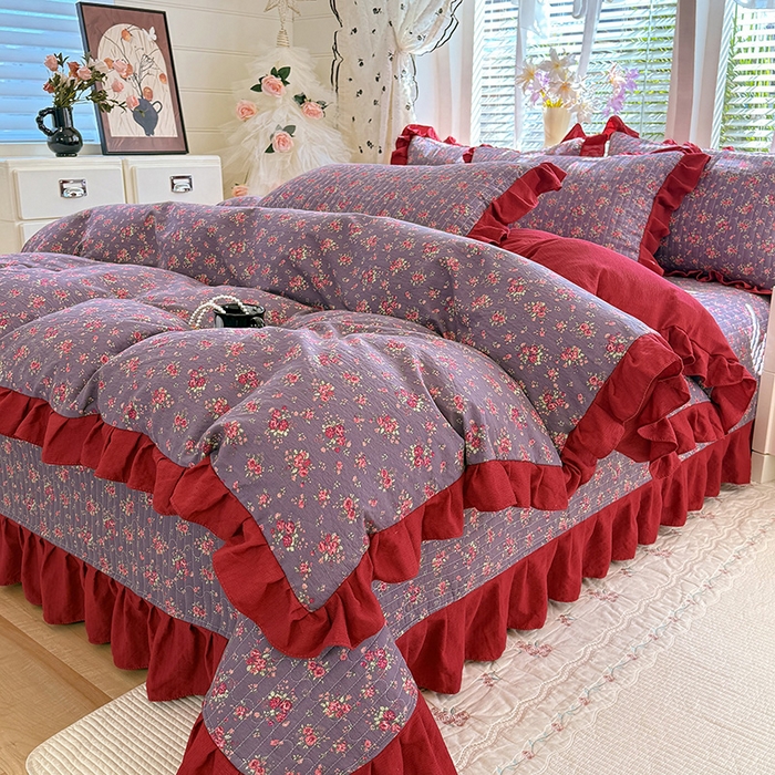 91家纺网 家纺一手货源 找家纺 唐人居 2026春夏新款皱皱水洗棉花边床盖四件套 繁花