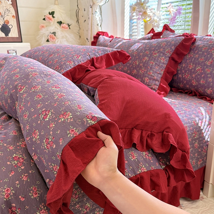 91家纺网 家纺一手货源 找家纺 唐人居 2026春夏新款皱皱水洗棉花边床盖四件套 繁花