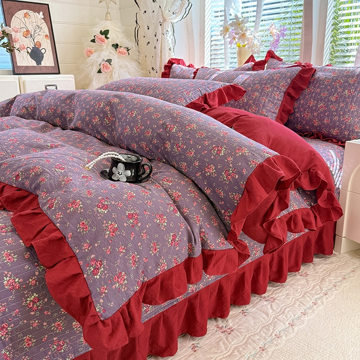 91家纺网 家纺一手货源 找家纺 唐人居 2026春夏新款皱皱水洗棉花边床盖四件套 繁花