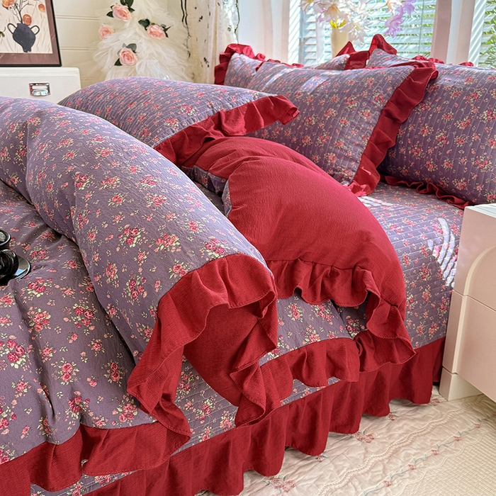 91家纺网 家纺一手货源 找家纺 唐人居 2026春夏新款皱皱水洗棉花边床盖四件套 繁花