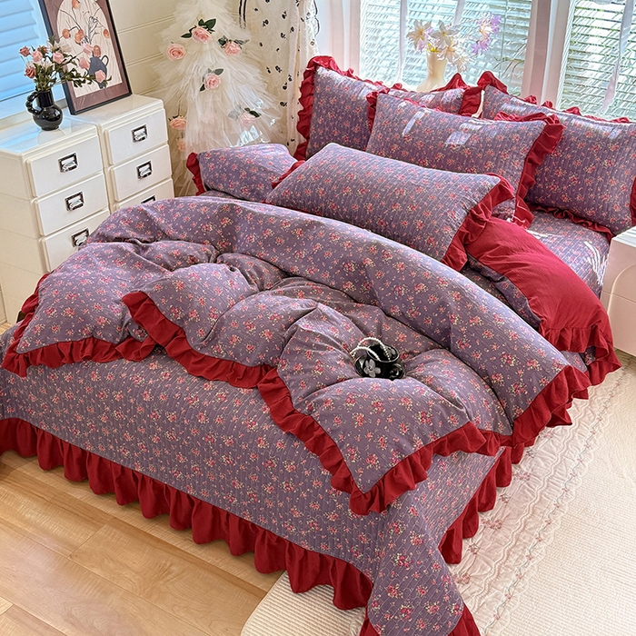 91家纺网 家纺一手货源 找家纺 唐人居 2026春夏新款皱皱水洗棉花边床盖四件套 繁花