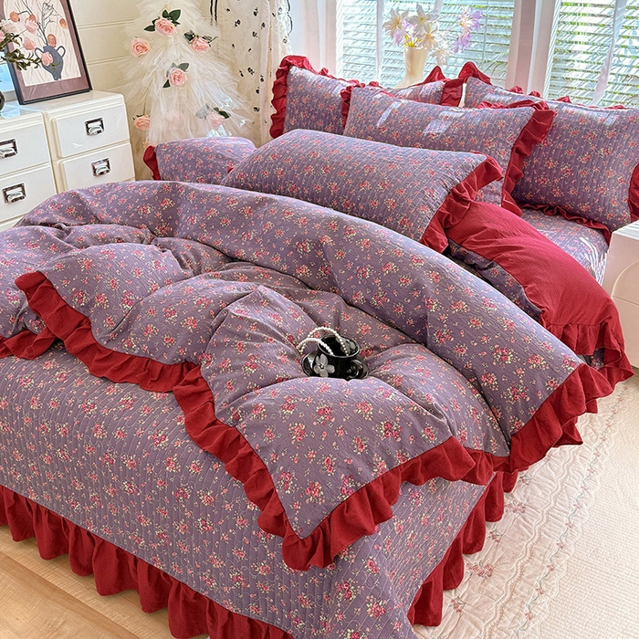 91家纺网 家纺一手货源 找家纺 唐人居 2026春夏新款皱皱水洗棉花边床盖四件套 繁花