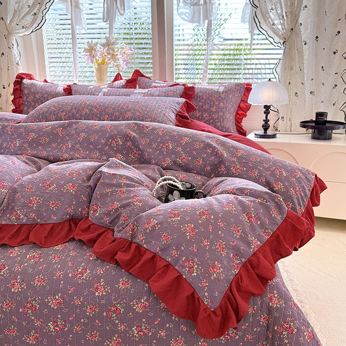 91家纺网 家纺一手货源 找家纺 唐人居 2026春夏新款皱皱水洗棉花边床盖四件套 繁花