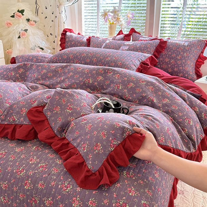 91家纺网 家纺一手货源 找家纺 唐人居 2026春夏新款皱皱水洗棉花边床盖四件套 繁花