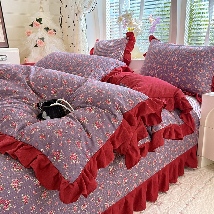 91家纺网 家纺一手货源 找家纺 唐人居 2026春夏新款皱皱水洗棉花边床盖四件套 繁花