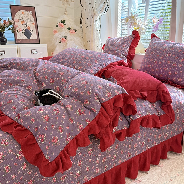 91家纺网 家纺一手货源 找家纺 唐人居 2026春夏新款皱皱水洗棉花边床盖四件套 繁花