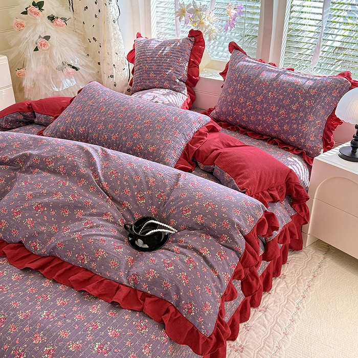 91家纺网 家纺一手货源 找家纺 唐人居 2026春夏新款皱皱水洗棉花边床盖四件套 繁花