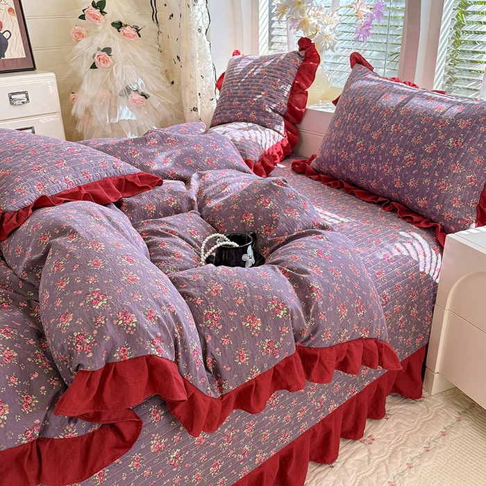 91家纺网 家纺一手货源 找家纺 唐人居 2026春夏新款皱皱水洗棉花边床盖四件套 繁花