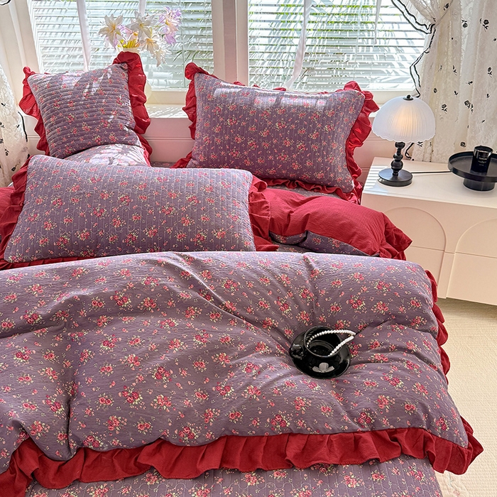 91家纺网 家纺一手货源 找家纺 唐人居 2026春夏新款皱皱水洗棉花边床盖四件套 繁花