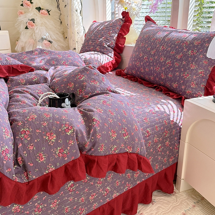 91家纺网 家纺一手货源 找家纺 唐人居 2026春夏新款皱皱水洗棉花边床盖四件套 繁花