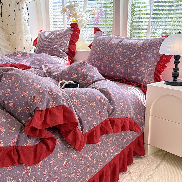 91家纺网 家纺一手货源 找家纺 唐人居 2026春夏新款皱皱水洗棉花边床盖四件套 繁花