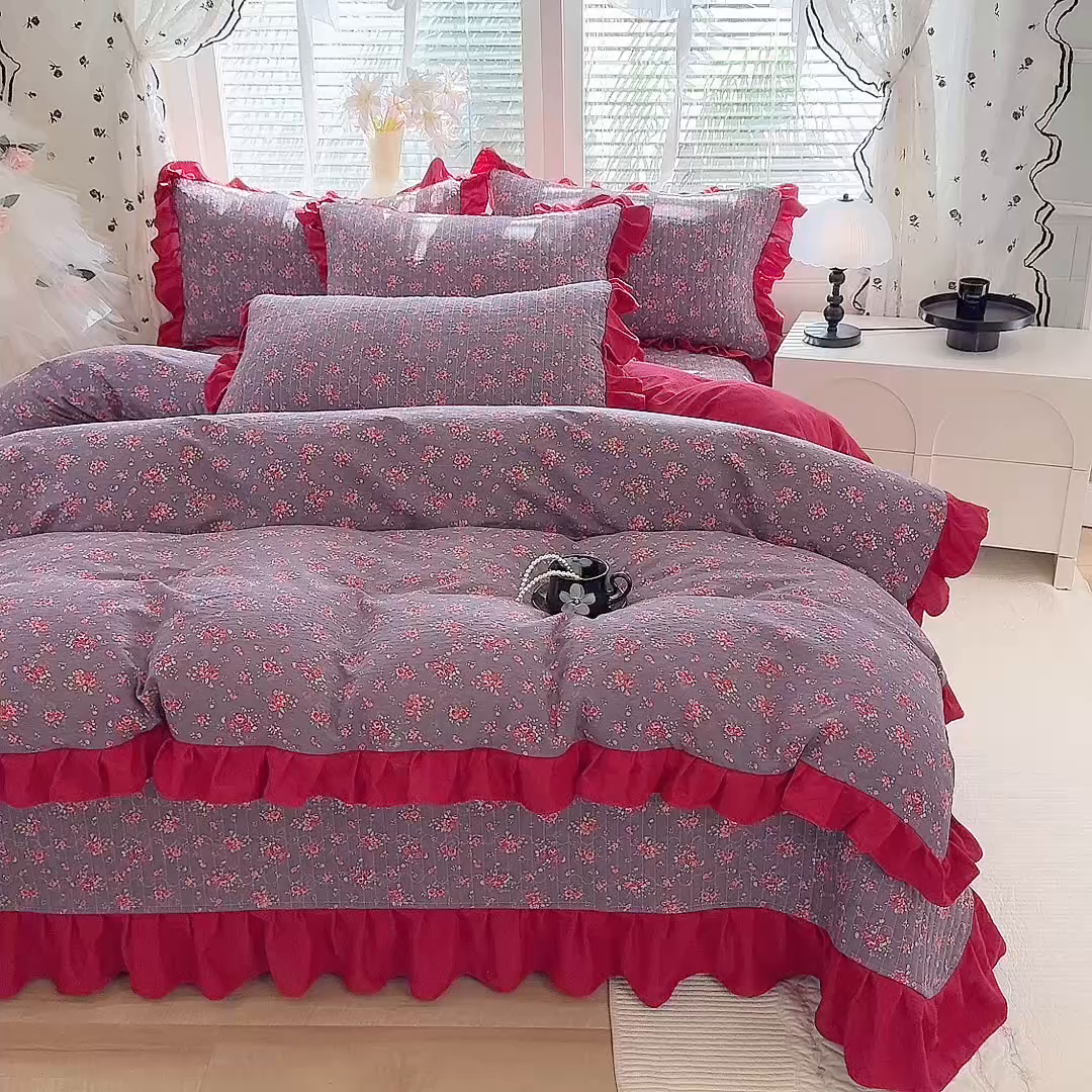 91家纺网 家纺一手货源 找家纺 唐人居 2026春夏新款皱皱水洗棉花边床盖四件套 繁花