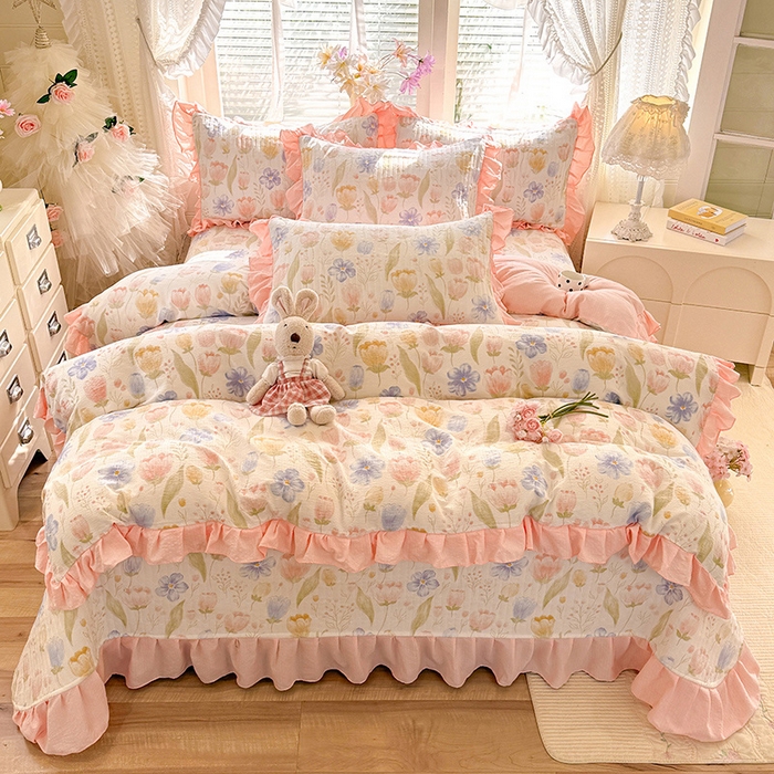 91家纺网 家纺一手货源 找家纺 唐人居 2026春夏新款皱皱水洗棉花边床盖四件套 芬德拉