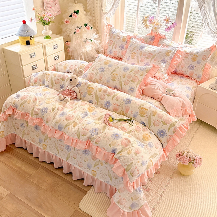 91家纺网 家纺一手货源 找家纺 唐人居 2026春夏新款皱皱水洗棉花边床盖四件套 芬德拉