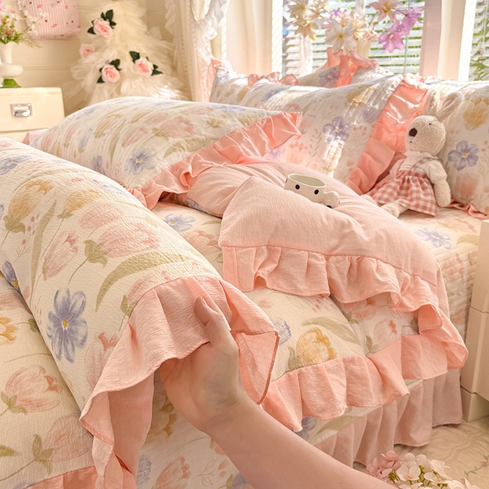 91家纺网 家纺一手货源 找家纺 唐人居 2026春夏新款皱皱水洗棉花边床盖四件套 芬德拉