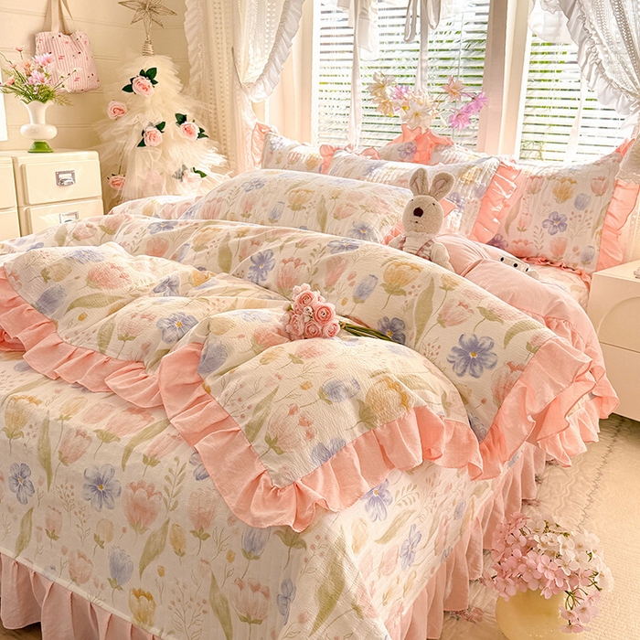 91家纺网 家纺一手货源 找家纺 唐人居 2026春夏新款皱皱水洗棉花边床盖四件套 芬德拉