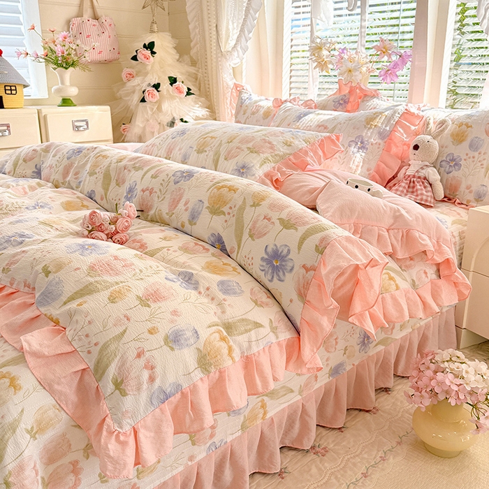 91家纺网 家纺一手货源 找家纺 唐人居 2026春夏新款皱皱水洗棉花边床盖四件套 芬德拉