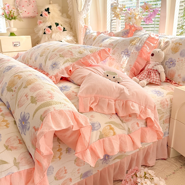 91家纺网 家纺一手货源 找家纺 唐人居 2026春夏新款皱皱水洗棉花边床盖四件套 芬德拉