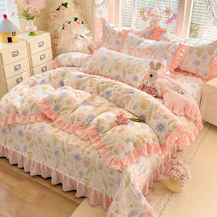 91家纺网 家纺一手货源 找家纺 唐人居 2026春夏新款皱皱水洗棉花边床盖四件套 芬德拉