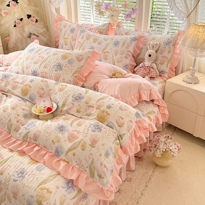 91家纺网 家纺一手货源 找家纺 唐人居 2026春夏新款皱皱水洗棉花边床盖四件套 芬德拉