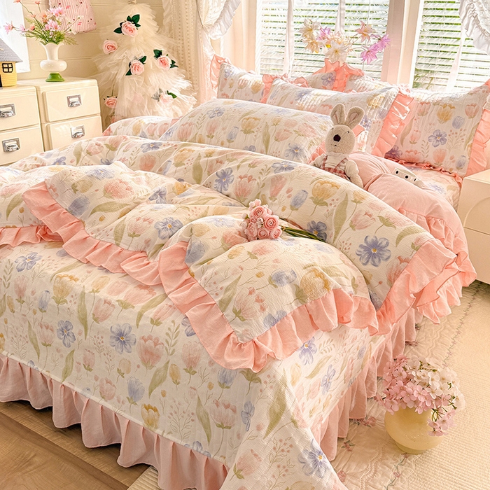 91家纺网 家纺一手货源 找家纺 唐人居 2026春夏新款皱皱水洗棉花边床盖四件套 芬德拉