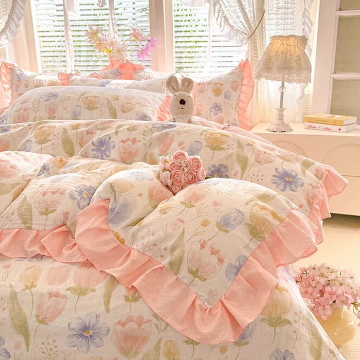 91家纺网 家纺一手货源 找家纺 唐人居 2026春夏新款皱皱水洗棉花边床盖四件套 芬德拉