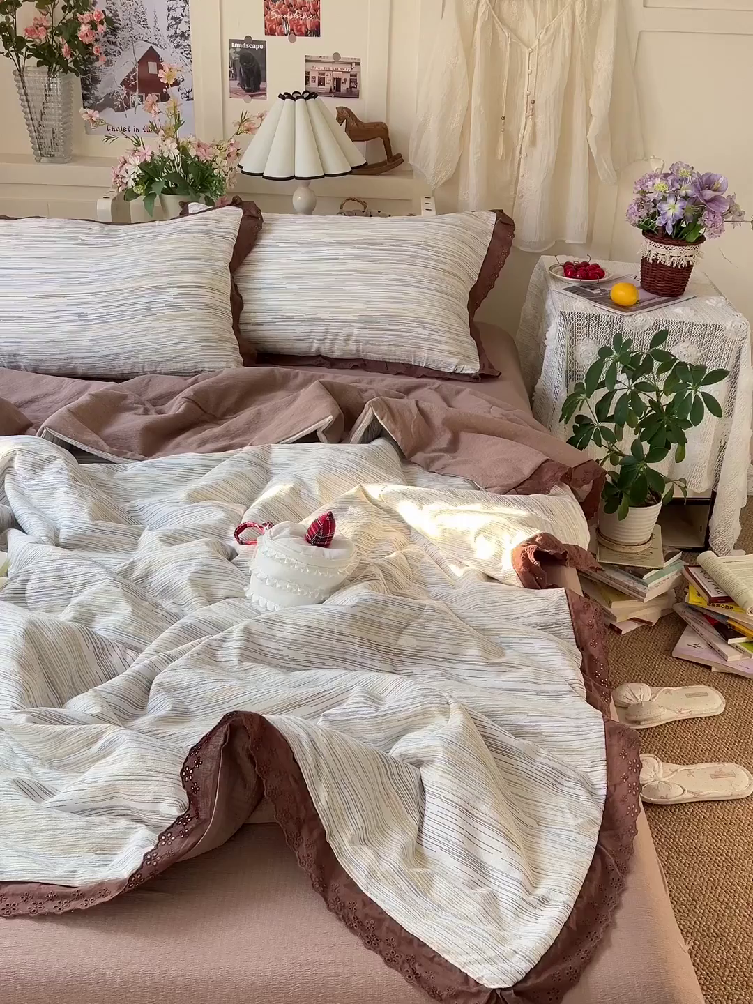 91家纺网 家纺一手货源 找家纺 一比一家纺 2026新款彩色花边木棉皱皱纱夏被四件套 罗卡