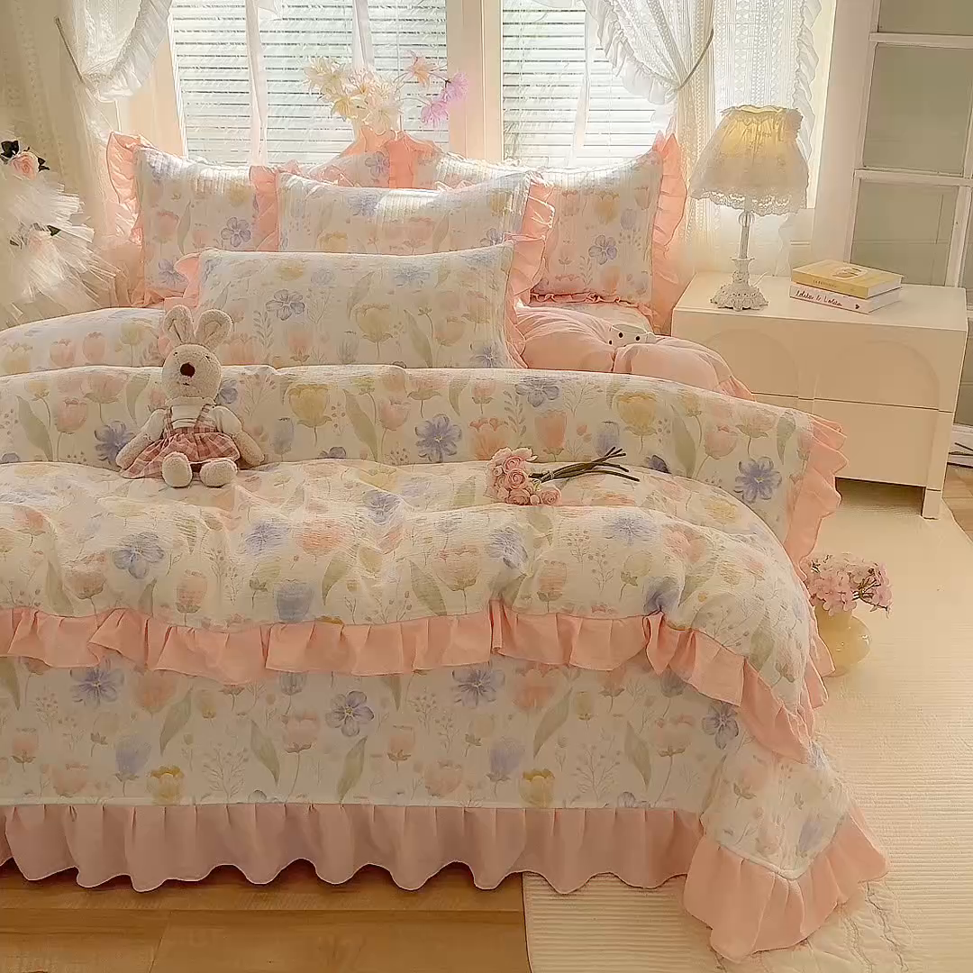 91家纺网 家纺一手货源 找家纺 唐人居 2026春夏新款皱皱水洗棉花边床盖四件套 芬德拉