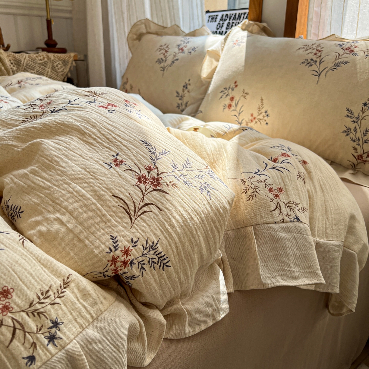 耀悦家纺 2026新款真棉麻四件套轻奢法式大花边工艺款圆角荷叶边吊边床单 向阳雏菊